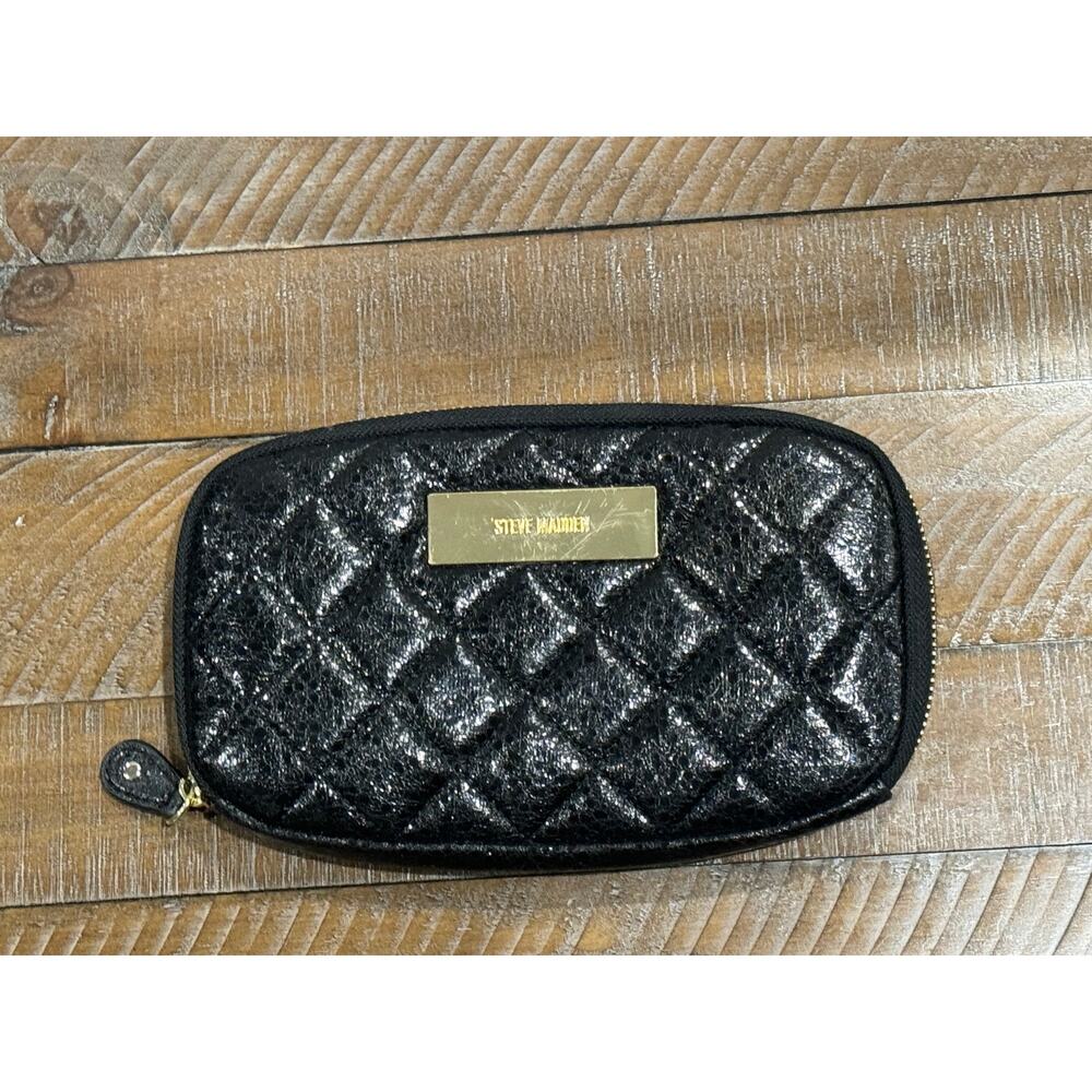 Steve Madden Black Patent Quilted Zip Around Clutch Wallet - Missing Strap